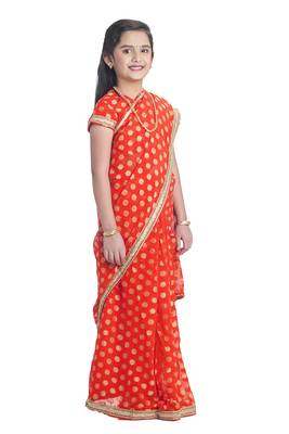 Bhartiya Paridhan Girls Ready To Wear Stitched 6 Yard Orange Saree With Stitched Blouse 2