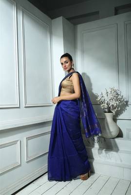 Blue Blended Silk Sequined Saree With Blouse 2