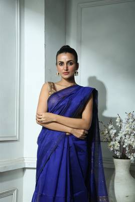 Blue Blended Silk Sequined Saree With Blouse 3