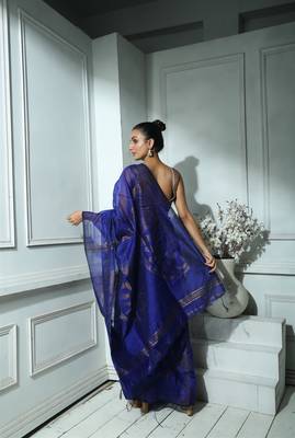 Blue Blended Silk Sequined Saree With Blouse 4
