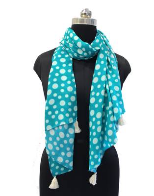 Splendid Muslin Fabric Blue Printed women scarf/Stoles With Tassels 2