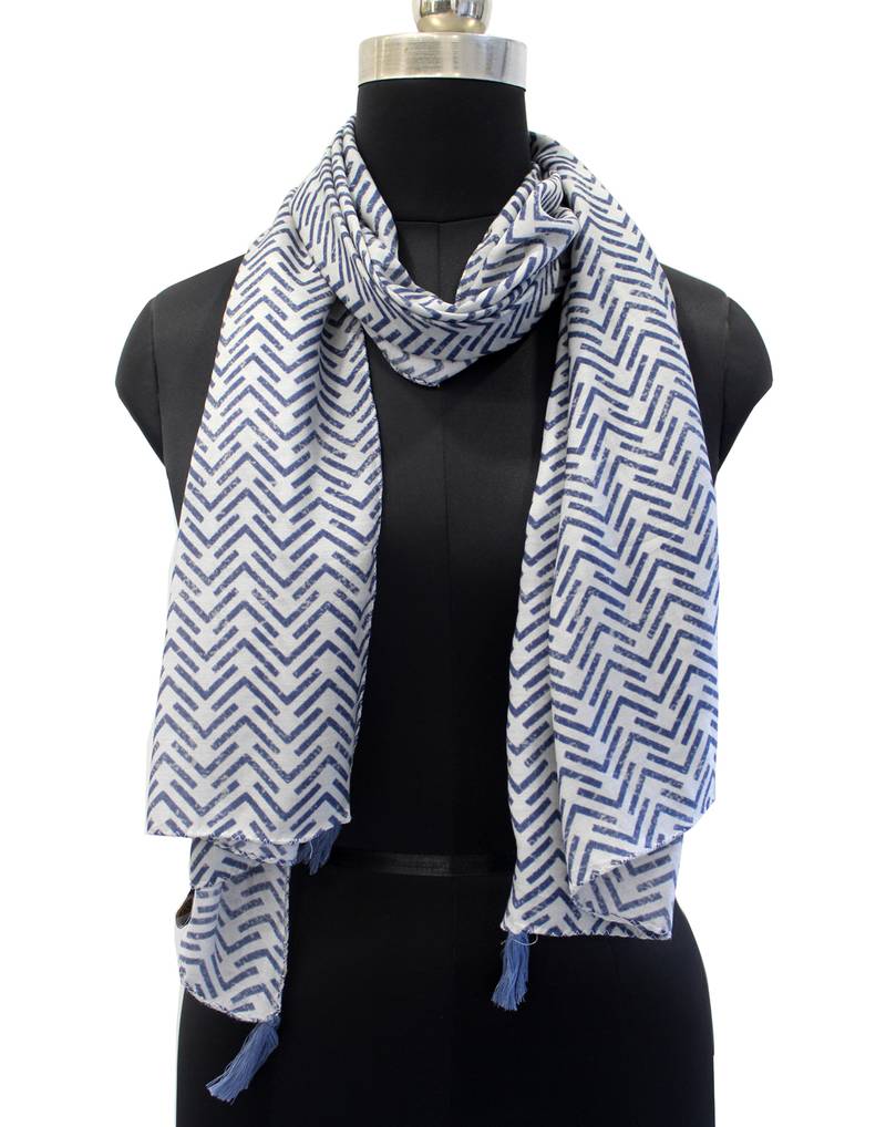 Stunning Muslin Fabric Navy Blue Printed women scarf/Stoles With Tassels