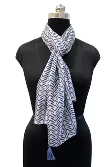 Stunning Muslin Fabric Navy Blue Printed women scarf/Stoles With Tassels