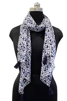 Alluring Muslin Fabric Navy Blue Printed women scarf/Stoles With Tassels