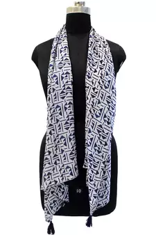 Alluring Muslin Fabric Navy Blue Printed women scarf/Stoles With Tassels