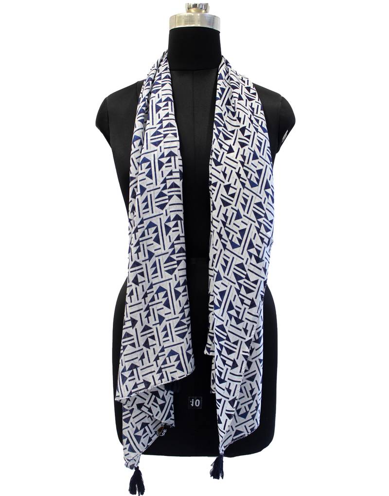 Alluring Muslin Fabric Navy Blue Printed women scarf/Stoles With Tassels