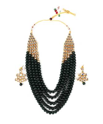 Wedding Collection Green 5 Layer Pearl and Kundan Rani Haar Necklace Jewellery Set with Earrings for Women 2