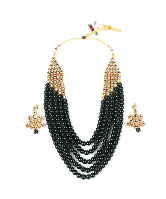 Wedding Collection Green 5 Layer Pearl and Kundan Rani Haar Necklace Jewellery Set with Earrings for Women 3