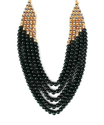 Wedding Collection Green 5 Layer Pearl and Kundan Rani Haar Necklace Jewellery Set with Earrings for Women 4
