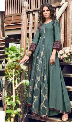 Teal-green printed jacquard long-kurtis 1
