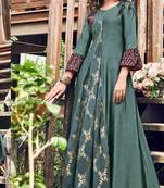 Teal-green printed jacquard long-kurtis