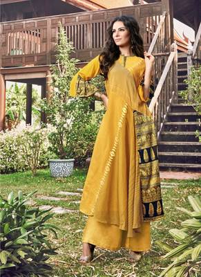Yellow printed jacquard long-kurtis 1