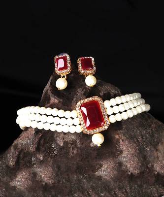 Red Stone Pendant Pearl Choker Earrings Set 2
