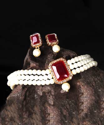Red Stone Pendant Pearl Choker Earrings Set 3