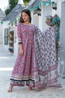 Pink Hand Block Print Kurta Dupatta Set