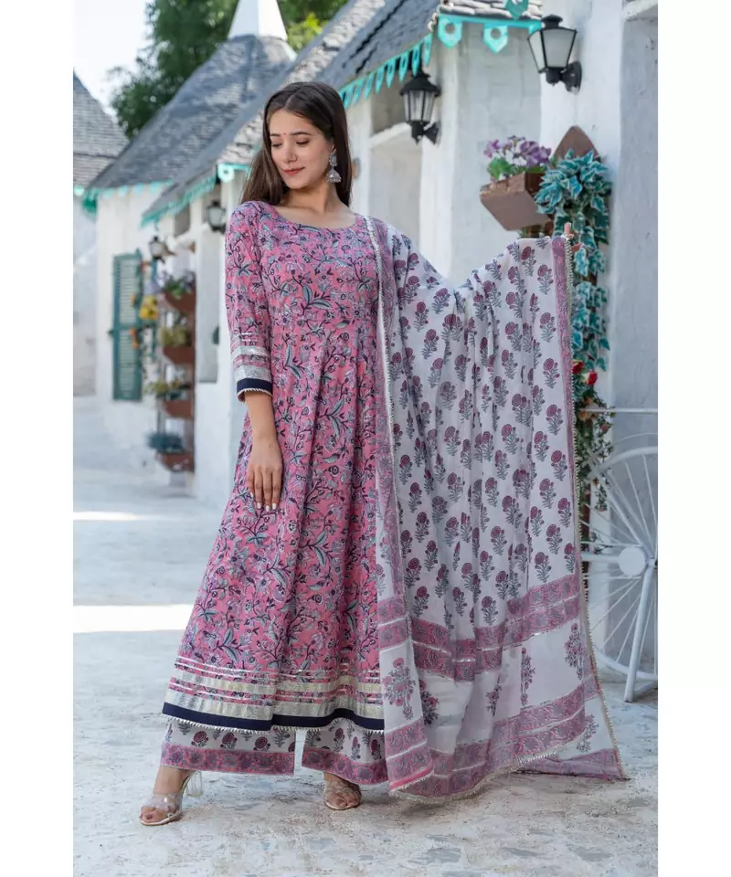 Pink Hand Block Print Kurta Dupatta Set