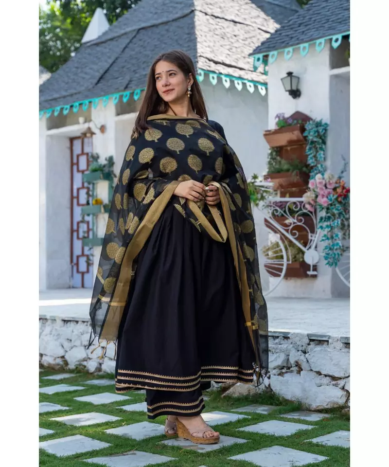 Black Cotton Kurta Set with Chanderi Dupatta