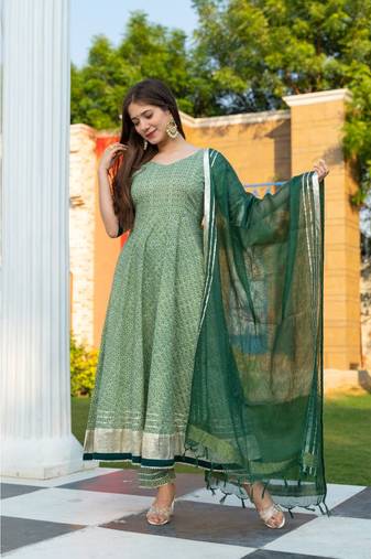 Green Motif Print Kurta Dupatta Set