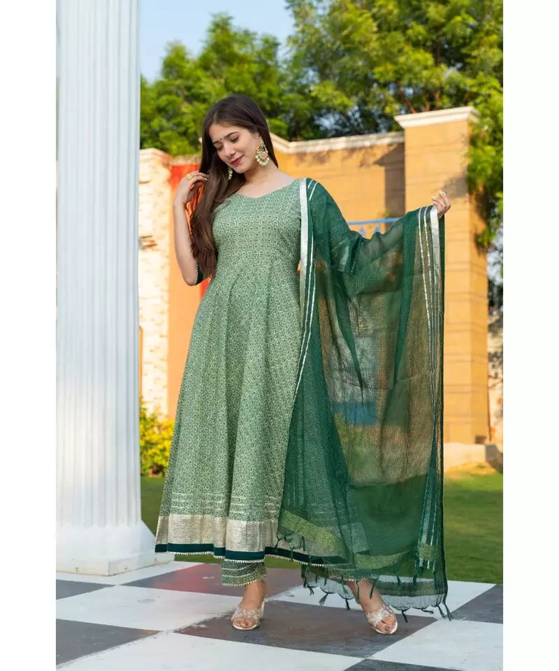 Green Motif Print Kurta Dupatta Set