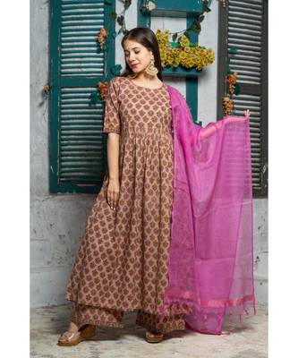 Brown Pink Motif Print Kurta Dupatta Set 1