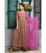 Brown Pink Motif Print Kurta Dupatta Set