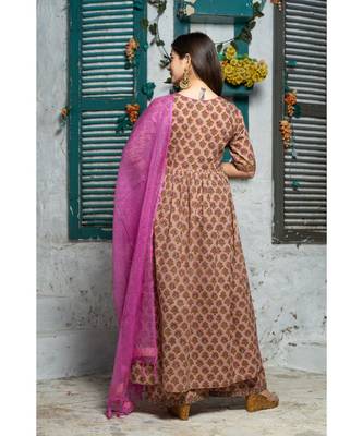 Brown Pink Motif Print Kurta Dupatta Set 2