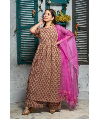 Brown Pink Motif Print Kurta Dupatta Set 3