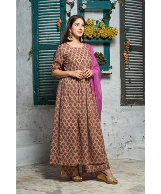 Brown Pink Motif Print Kurta Dupatta Set 4
