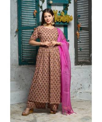 Brown Pink Motif Print Kurta Dupatta Set 5