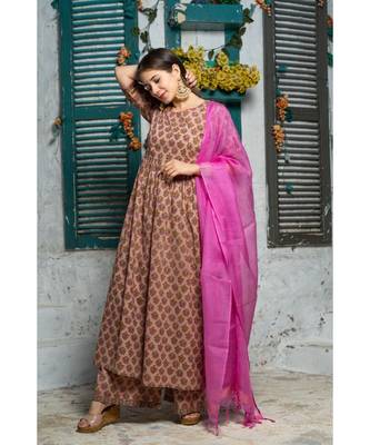 Brown Pink Motif Print Kurta Dupatta Set 6