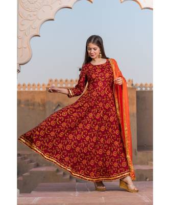 Maroon Kalamkari Print Kurta Dupatta Set 3