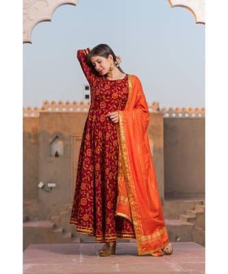 Maroon Kalamkari Print Kurta Dupatta Set 4