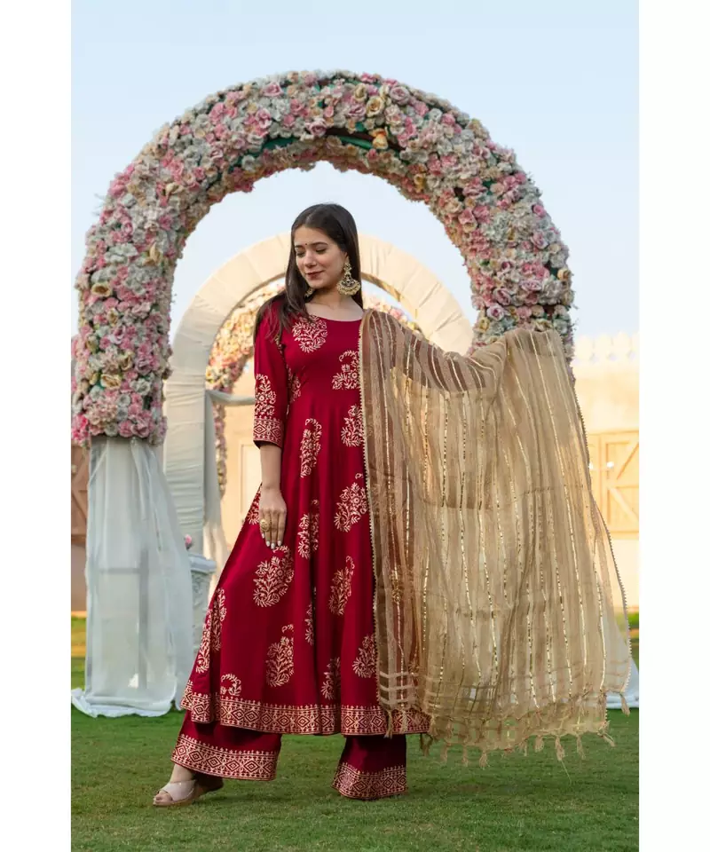 Maroon Hand Block Print Gold Kurta dupatta Set