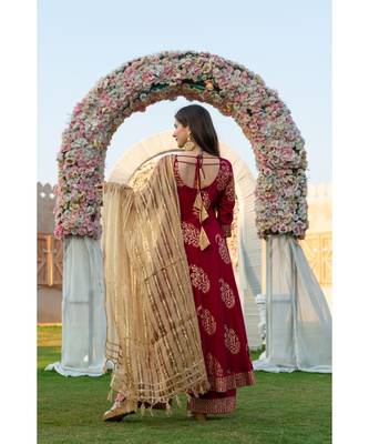 Maroon Hand Block Print Gold Kurta dupatta Set 2