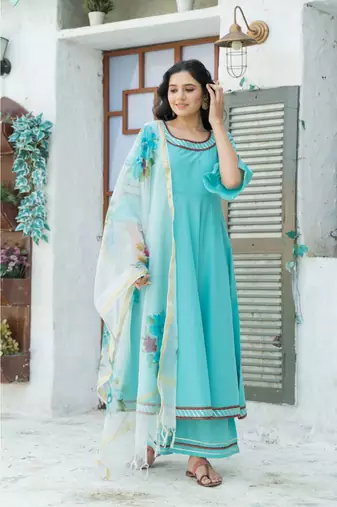 Sky Blue Kurta Set with Hand Paint Organza Dupatta