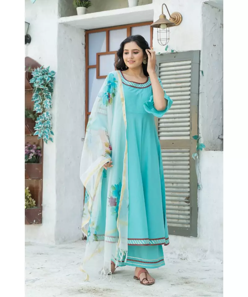 Sky Blue Kurta Set with Hand Paint Organza Dupatta