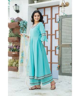 Sky Blue Kurta Set with Hand Paint Organza Dupatta 2