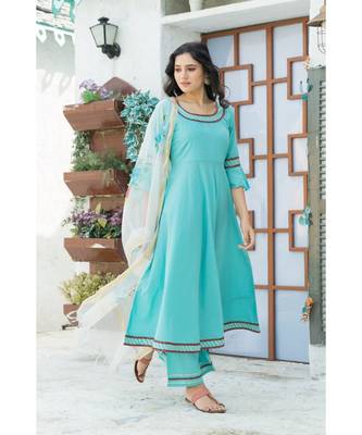 Sky Blue Kurta Set with Hand Paint Organza Dupatta 3