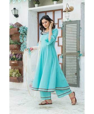 Sky Blue Kurta Set with Hand Paint Organza Dupatta 4