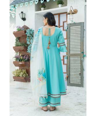 Sky Blue Kurta Set with Hand Paint Organza Dupatta 6