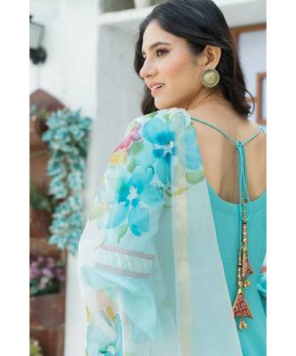 Sky Blue Kurta Set with Hand Paint Organza Dupatta 7