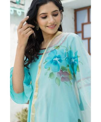 Sky Blue Kurta Set with Hand Paint Organza Dupatta 8