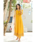 Dandelion Yellow Kurta Set with Floral Hand Paint Organza Dupatta