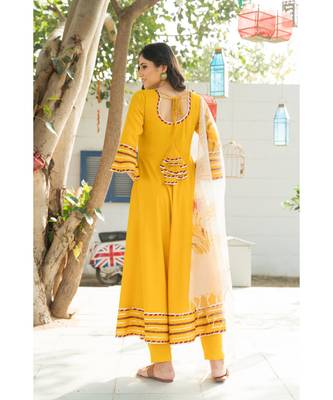 Dandelion Yellow Kurta Set with Floral Hand Paint Organza Dupatta 7