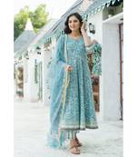Azure Blue Hand Block Print Kurta Set with Doria Dupatta