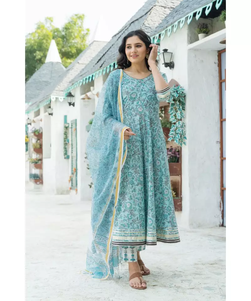 Azure Blue Hand Block Print Kurta Set with Doria Dupatta