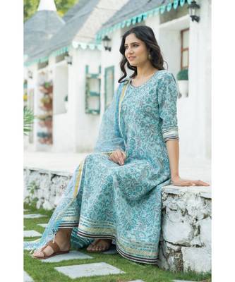 Azure Blue Hand Block Print Kurta Set with Doria Dupatta 6