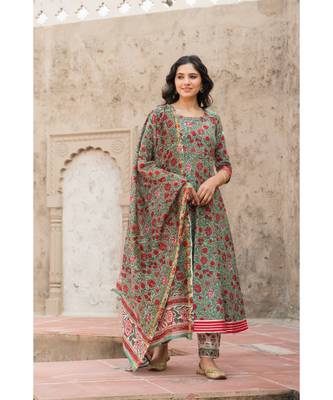 Forest Green Hand Block Print Kurta Set with Chanderi Dupatta 1