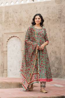 Forest Green Hand Block Print Kurta Set with Chanderi Dupatta