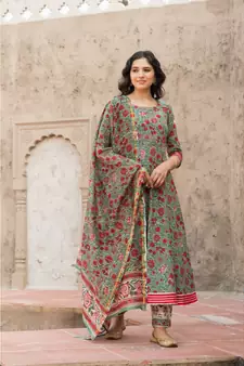 Forest Green Hand Block Print Kurta Set with Chanderi Dupatta